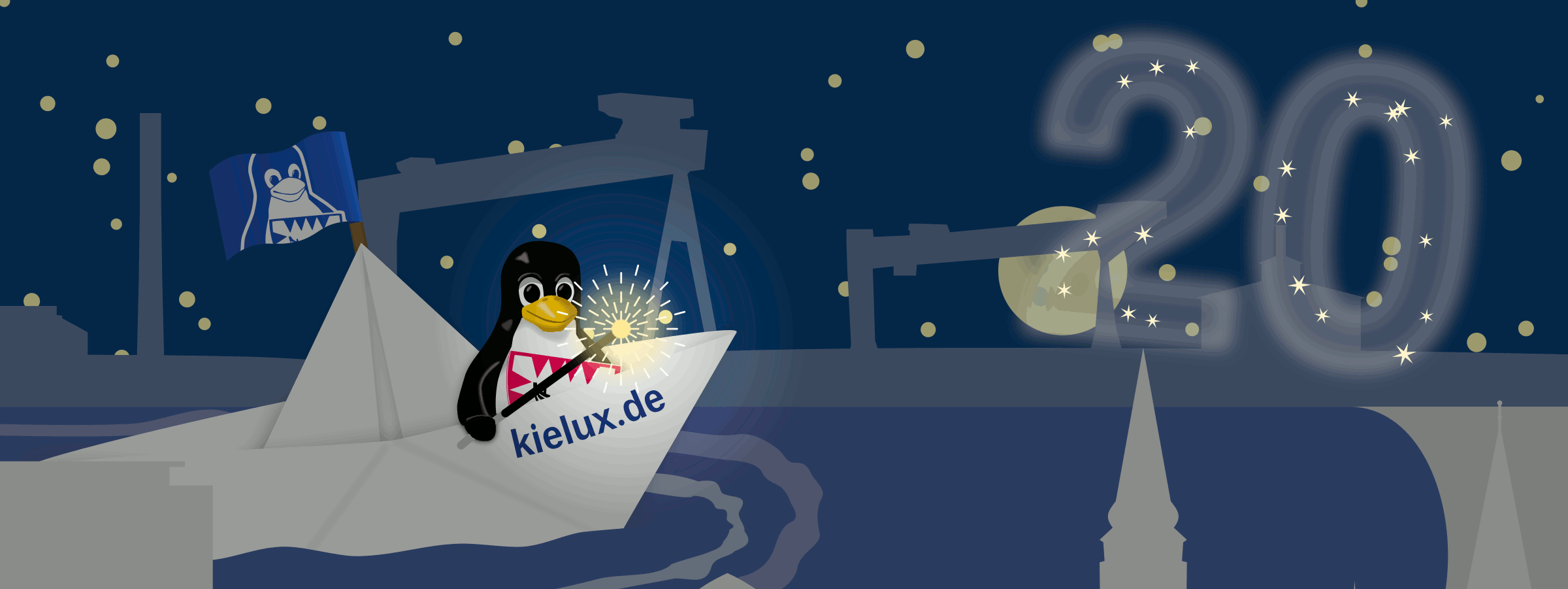 Tux auf dem Papierboot mit Feuerwerk - 20. Kieler Open Source und Linux Tage am 16. und 17.9.2022, Linux Presentation Day am 15.9.2022